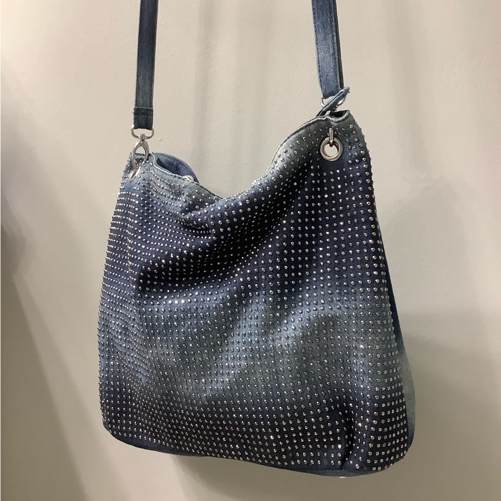 Faded Jeans Shoulder Bag With Silver Studs.12x14x5